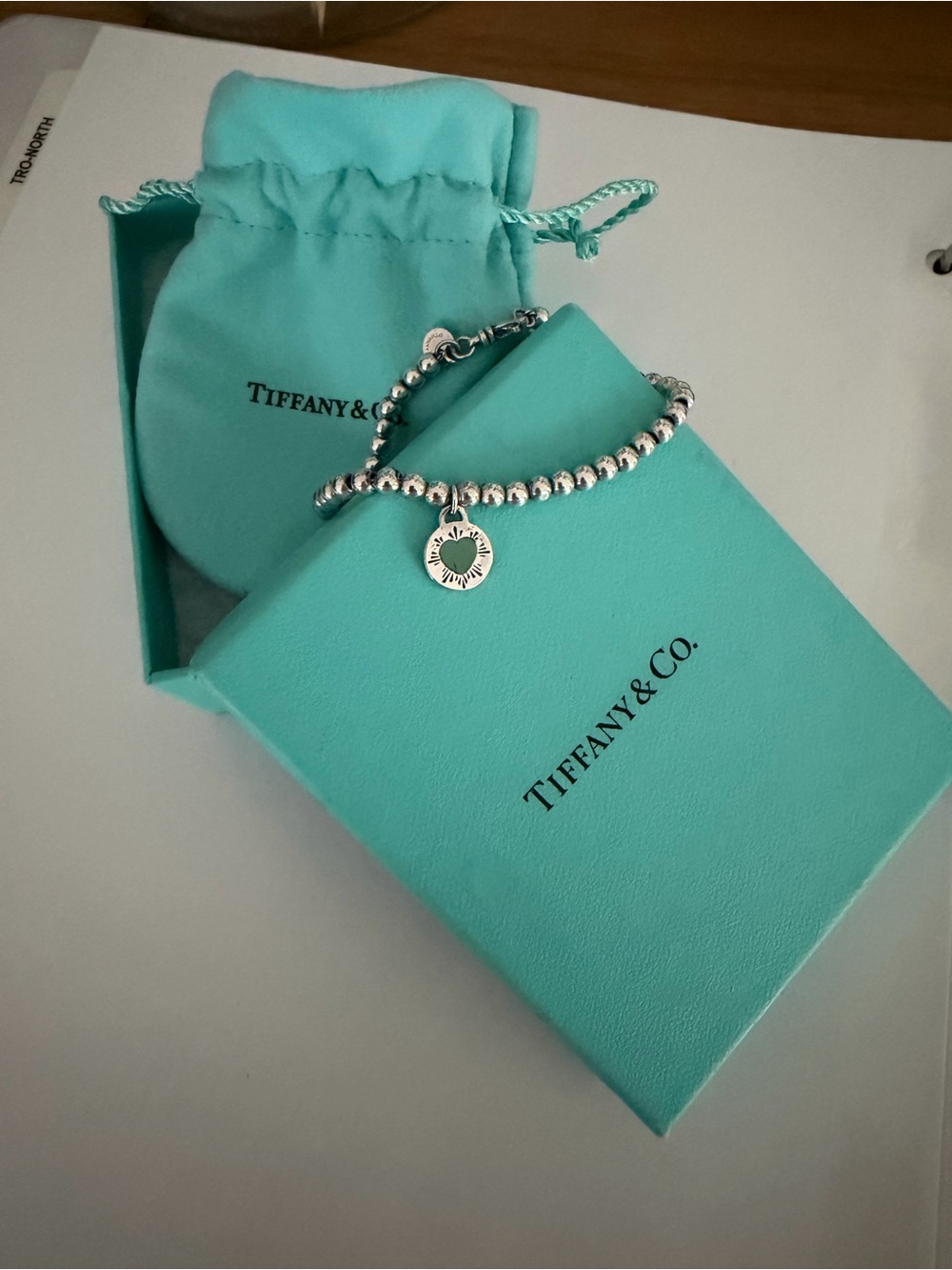 Tiffany & Co. Silver Bead Heart Tag Bracelet - Blue/teal